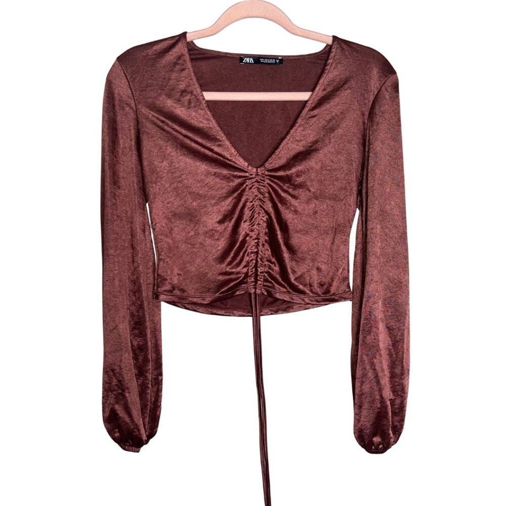 Zara Copper Satin Balloon Sleeve Ruched Blouse S